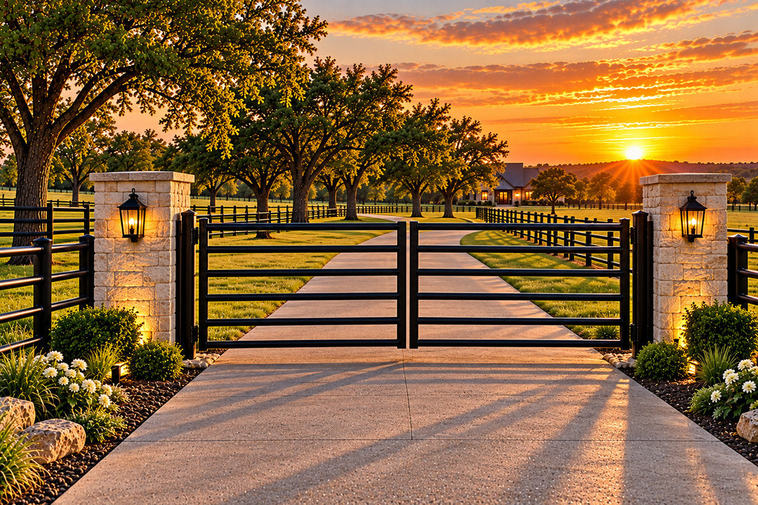 Black Pipe Drive Gate with Stone Pillars