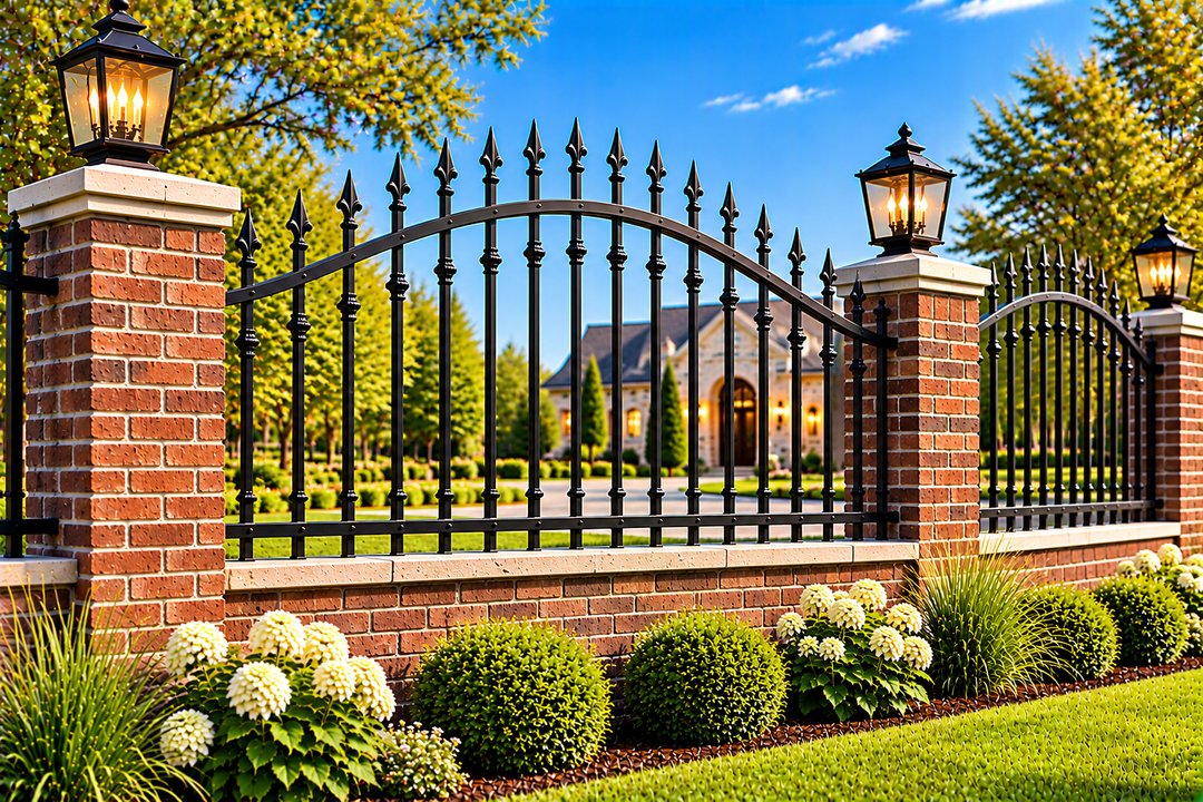 Brick Pillar Arched Spear-Top Fence
