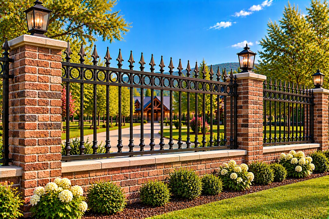 Brick Pillar Spear-Top Iron Fence