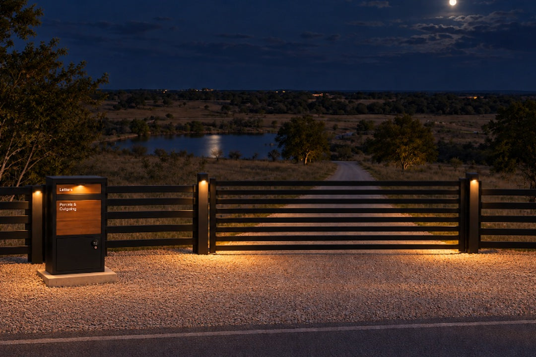 Modern Slat Ranch Gate with Lighted Posts & Parcel Mailbox