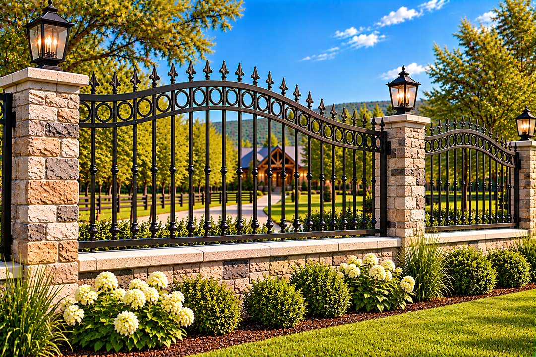 Ring Accent Arched Iron Fence on Stone Wall