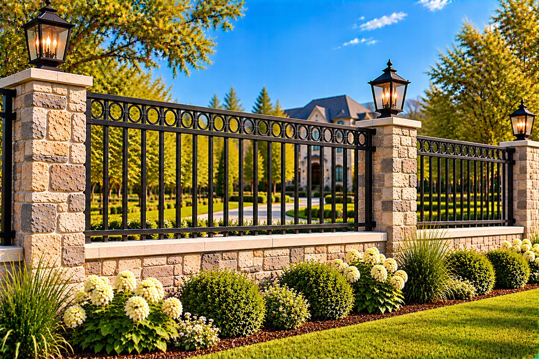 Ring Top Rail Fence with Stone Pillars