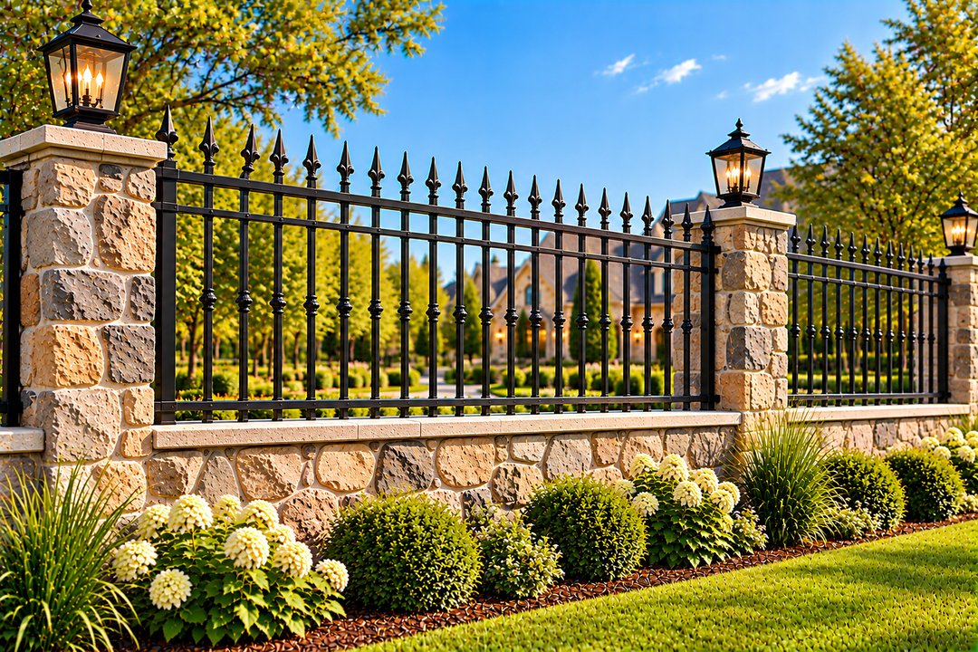 Spear-Top Iron Fence on Fieldstone Wall