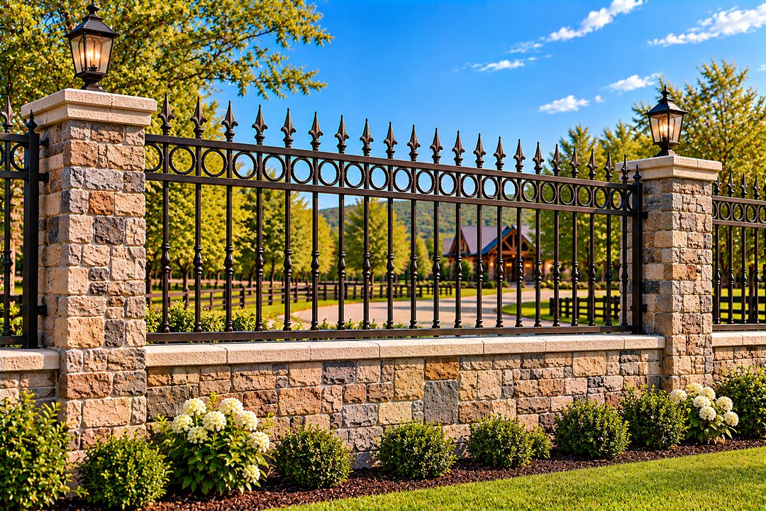 Spear-Top Ring Iron Fence on Stone Wall