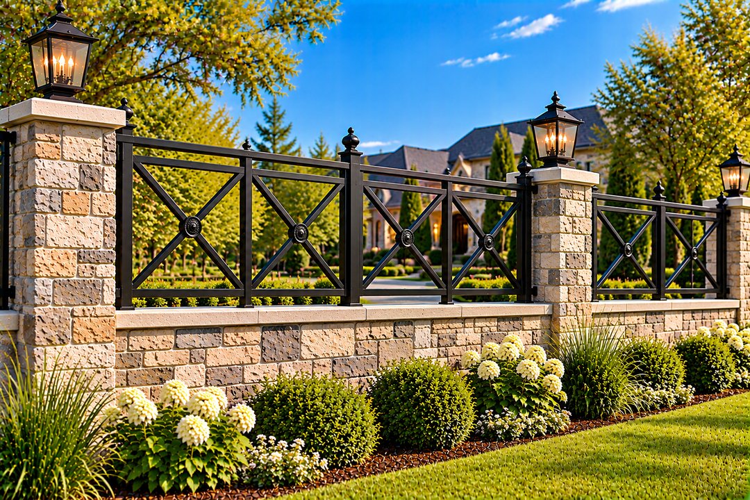 X-Pattern Iron Fence on Stone Wall